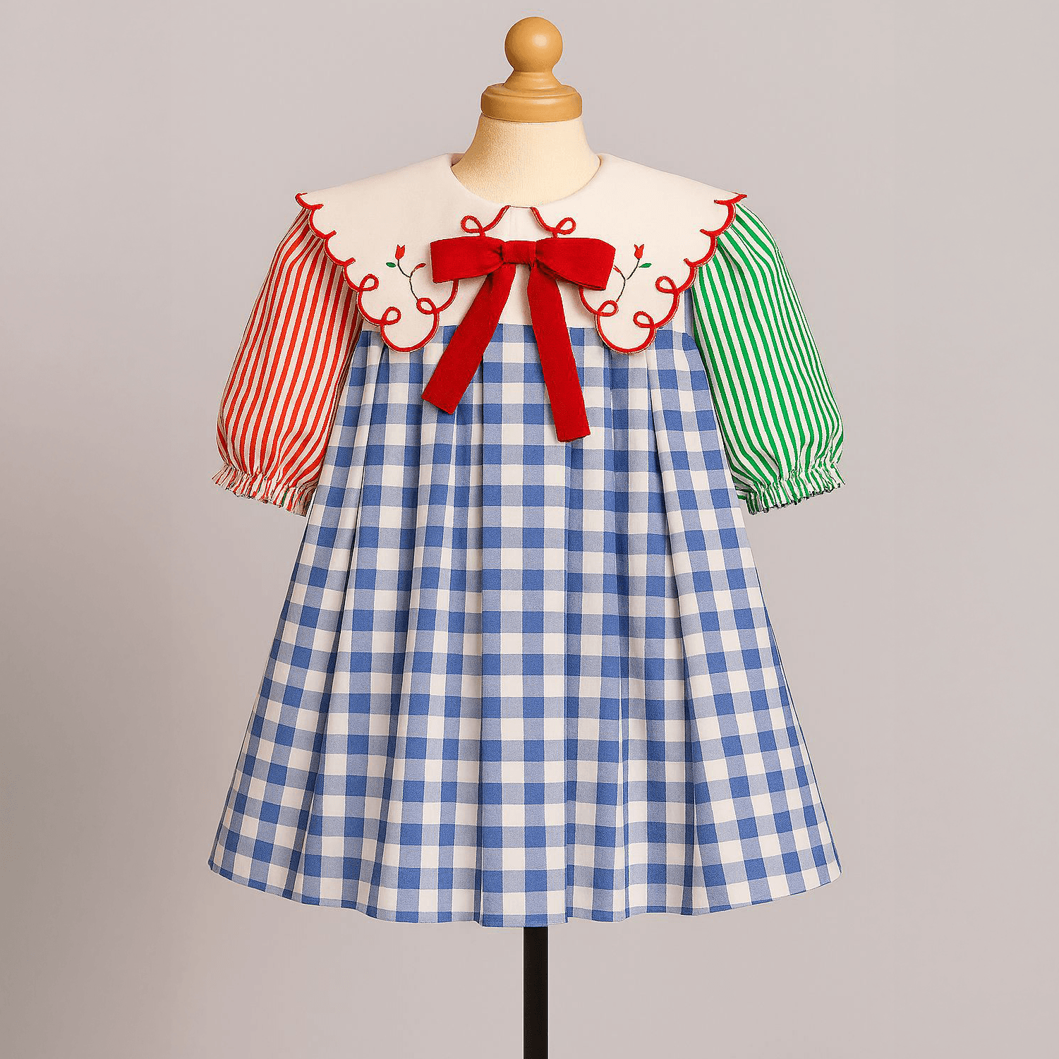 Check Aline Dress With Multicolour Strip Sleeve Scalloped Collar