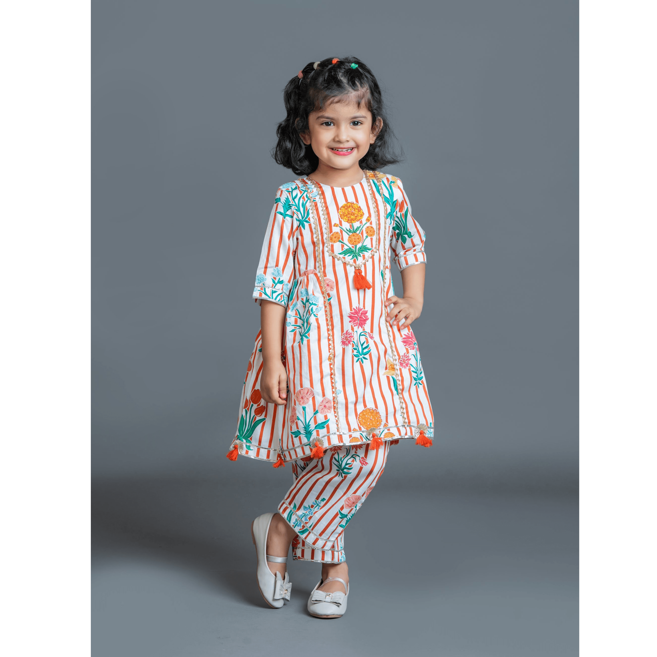 Striped Floral Kurta Set