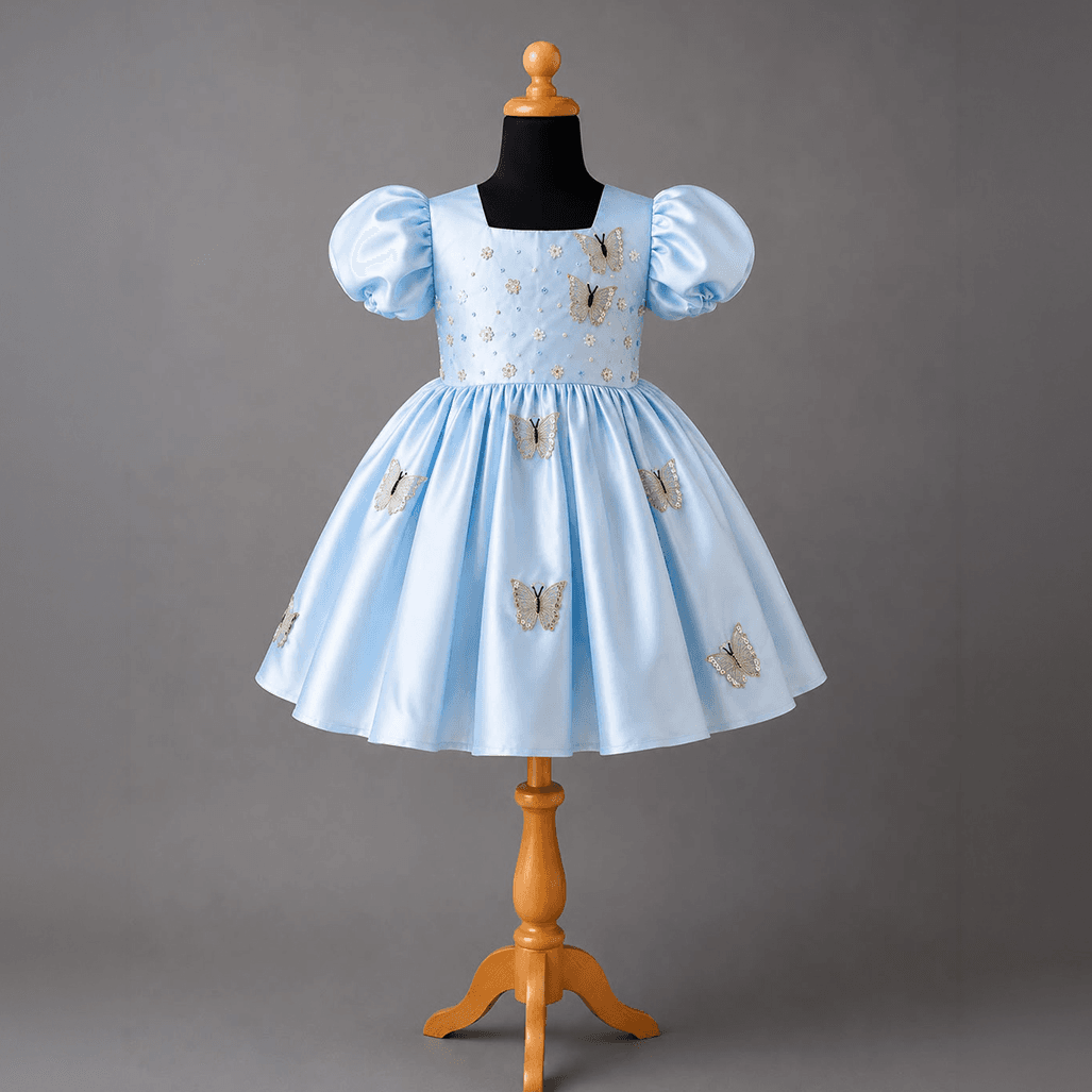 Blue Butterfly Satin Party Dress