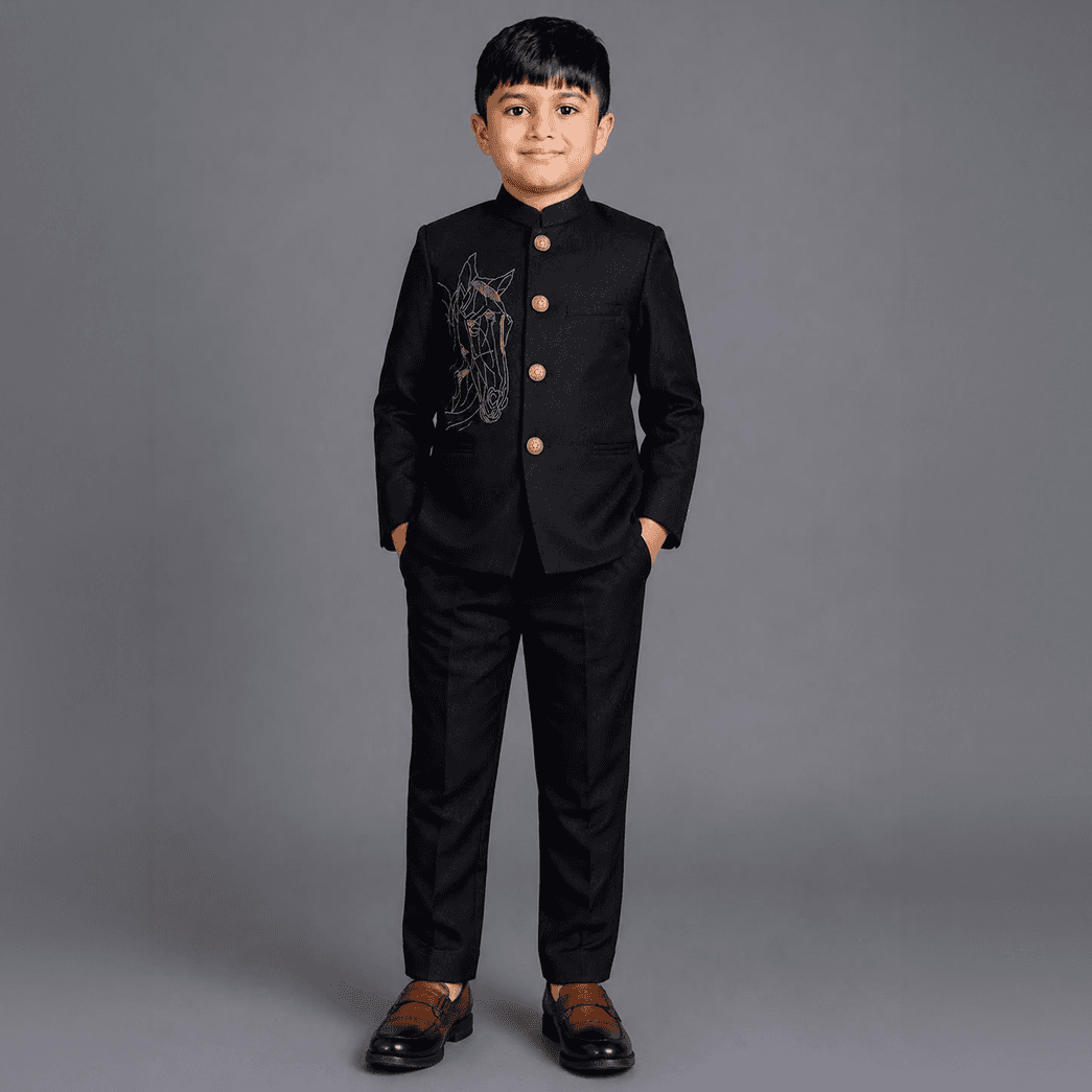 Horse Embroidered Raw Silk Tuxedo Set
