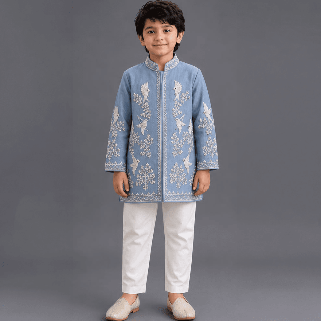 Blue Raw Silk Bird Kurta