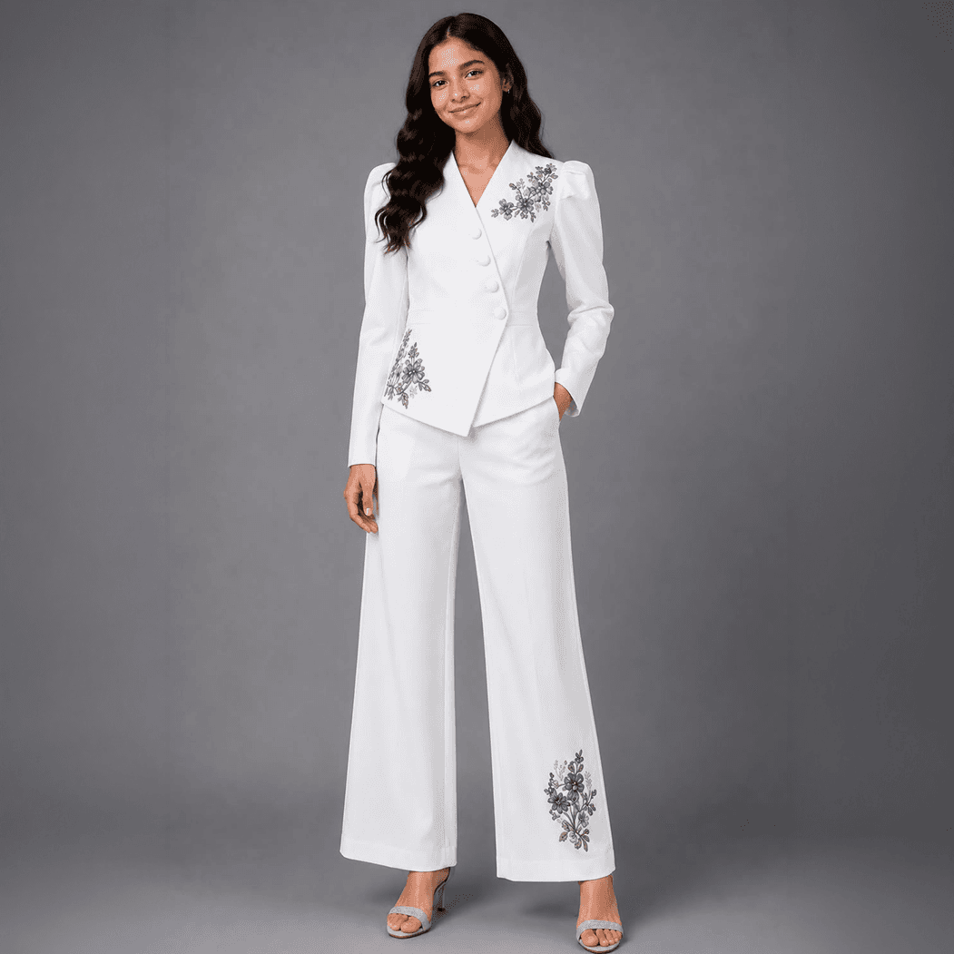White Embroidered Blazer Co-ord Set