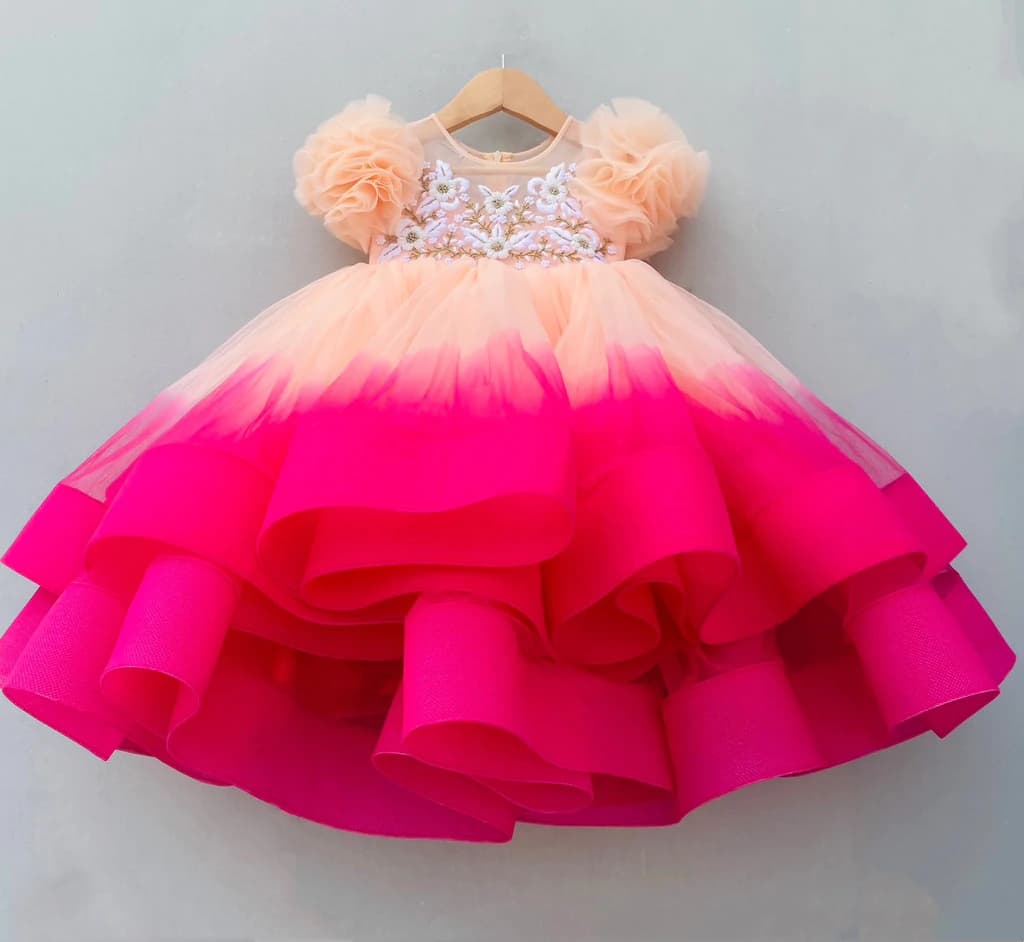 Peach and Pink Flower Sleeves Frock | Party Wear Dress for Baby Girl