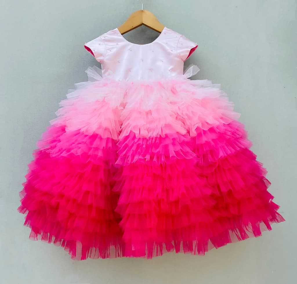 Pink Flared Satin Frock | Party Wear Dress for Kids Girl