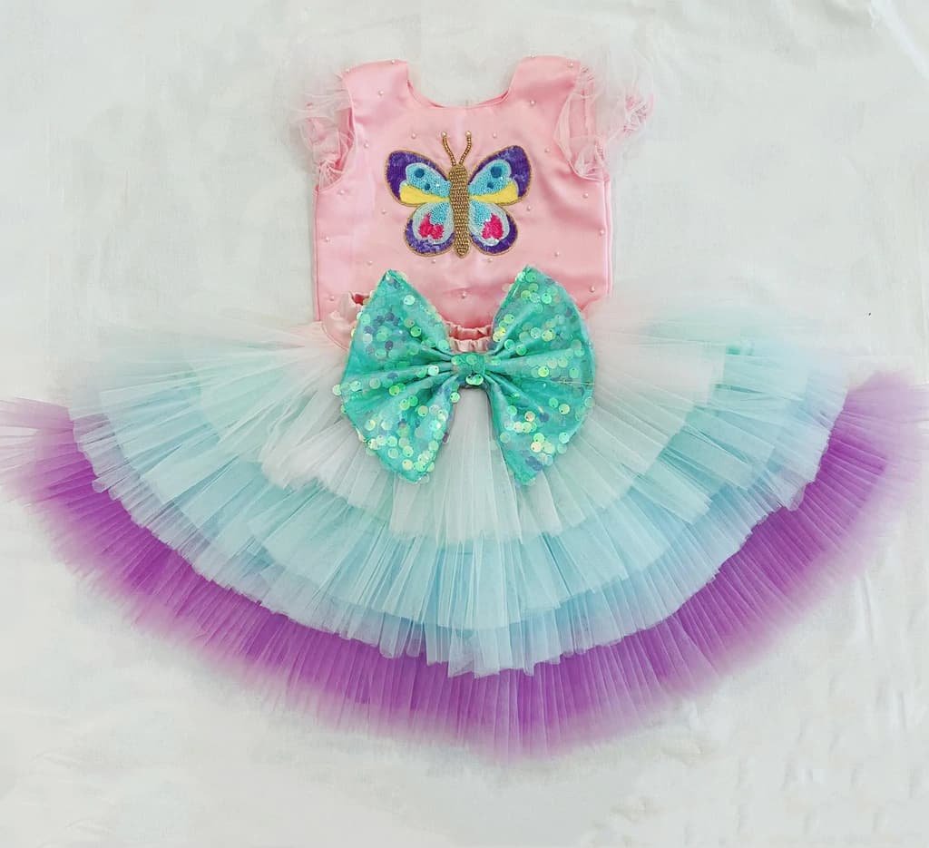 Butterfly Rainbow Vibrant Top And Skirt | Party wear dress for Baby Girl