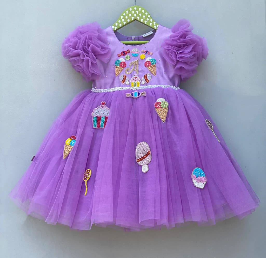 Candylicious Violet Monogram Frock | Party Wear Dress for Girls