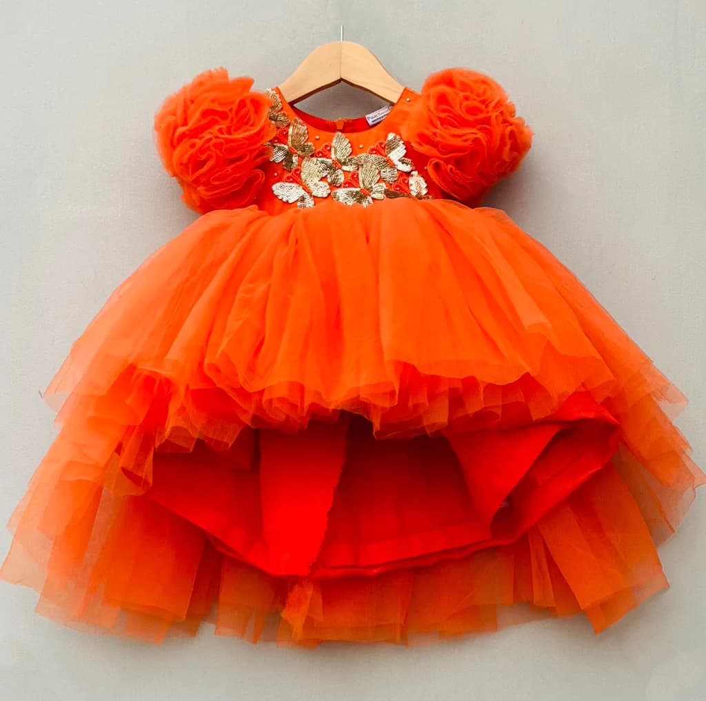 Flower Sleeves Orange Dress| Party Wear Dress for Girls