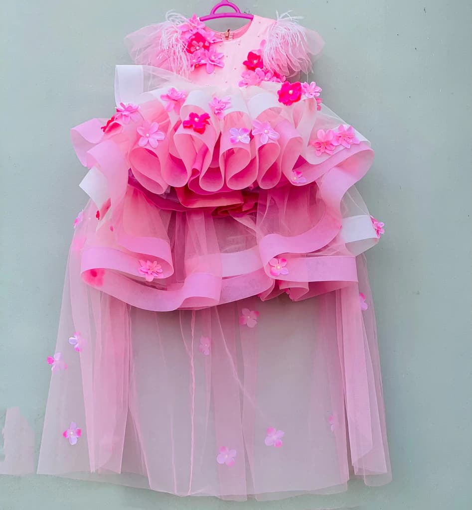 Pink Satin Body Net Flared Frock | Party Wear for Kids
