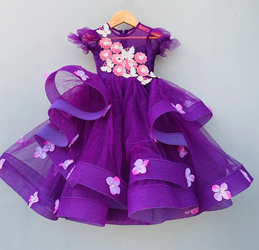 Heavy Satin Detachable Frock With Violet Bow | Party Wear Dress for Girls