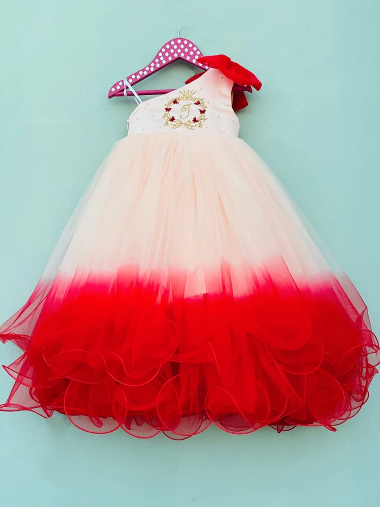 Customised Peach And Red Heavy Satin One-Shoulder Dress | Party Wear for Girls