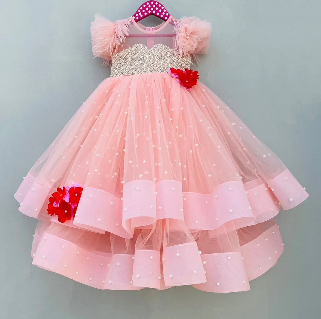 Peach Satin Flared Frock With Feathers
