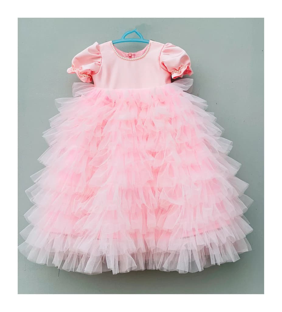 Satin Net Flared Pink Frock | party wear dress for girl