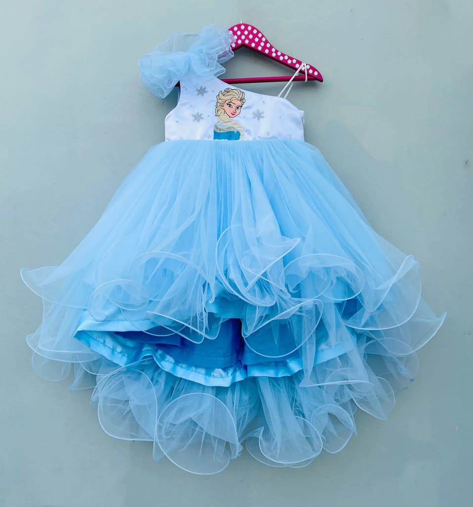 Elsa Theme One Shoulder Net Flare Dress | Party Wear for Girls