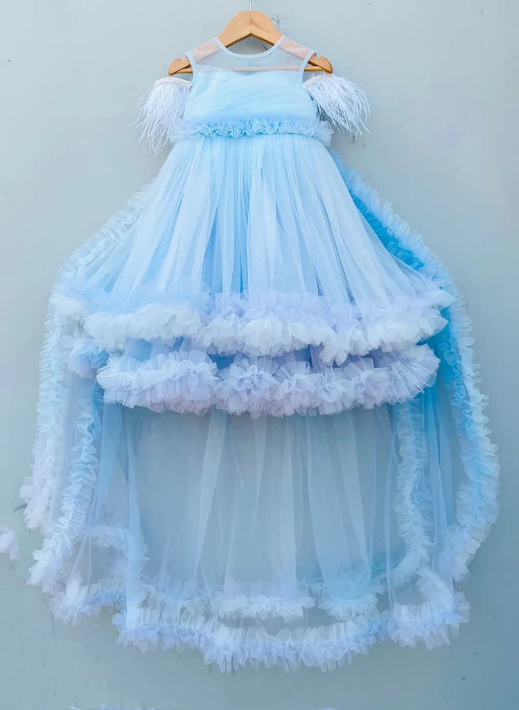 Elsa Theme Off-Shoulder Dress With Detachable Trails | Party Wear Dress for Girls