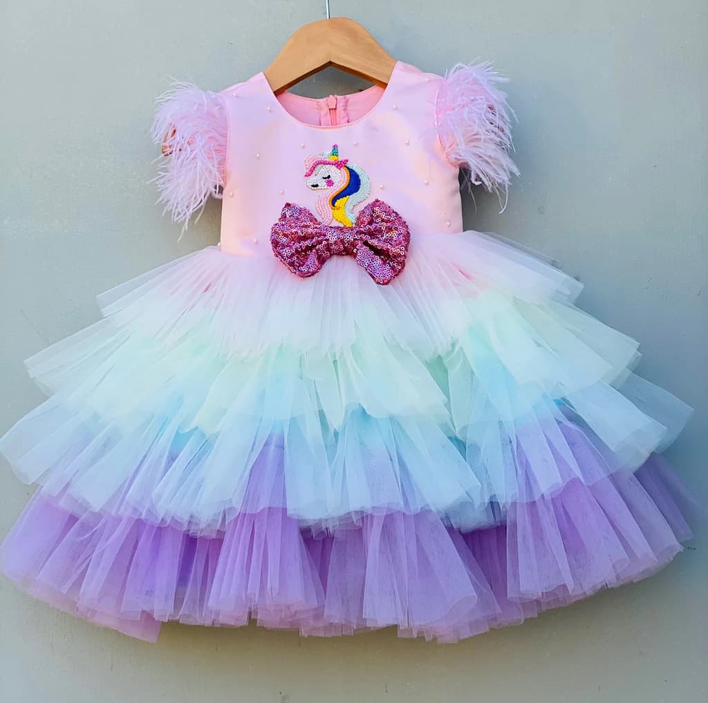 Satin Feather Sleeves Unicorn | Party Wear Dress for Girls