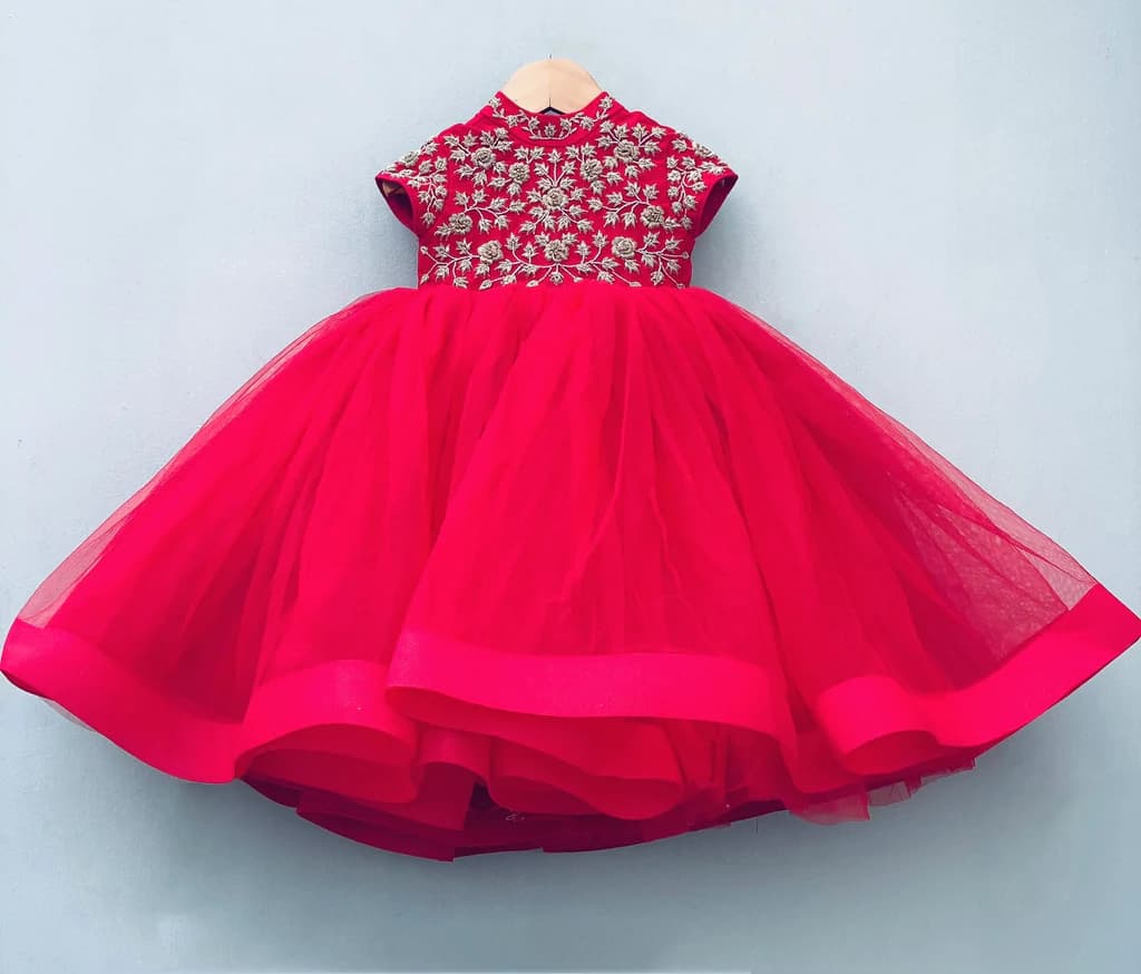 Red Silk Net Flared Frock
