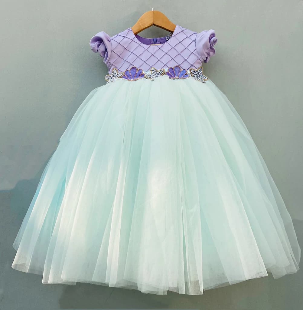 Net Flared Purple And Sea Green Frock