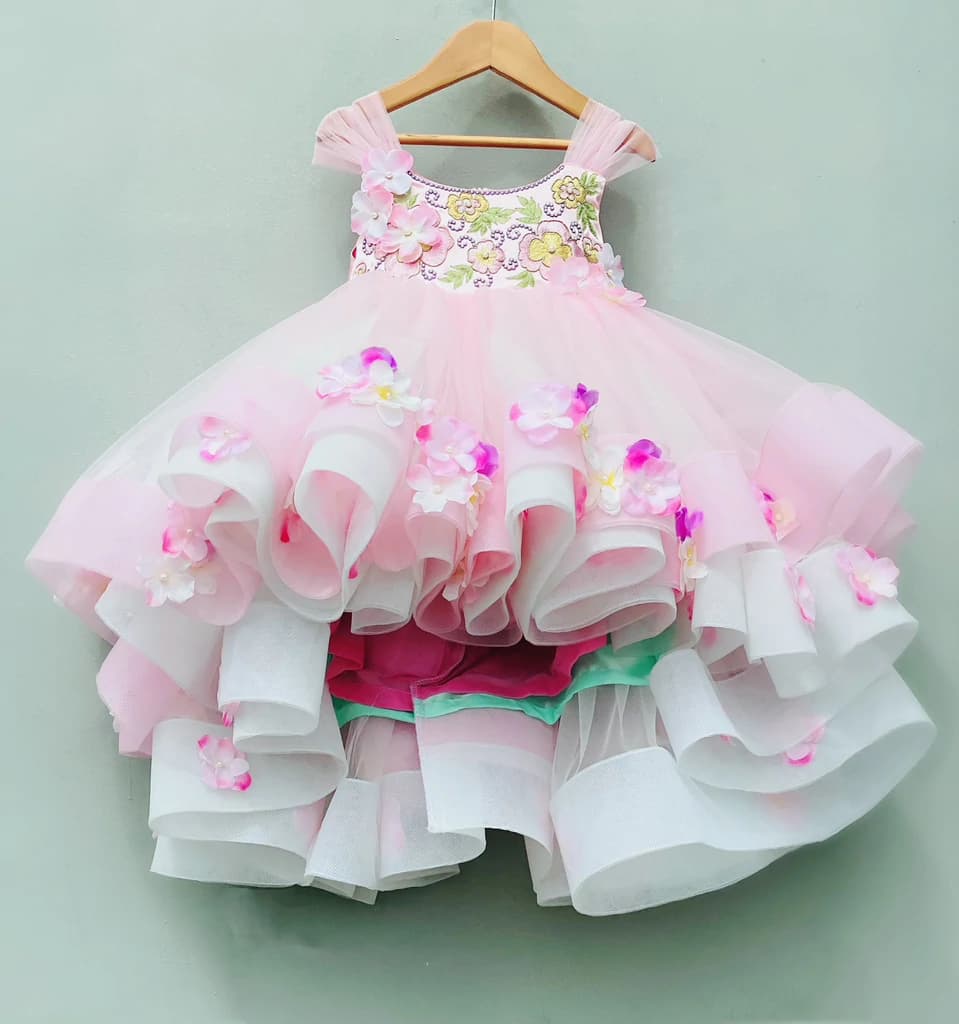 Vibrant Satin Flared Pink and Sea green Frock