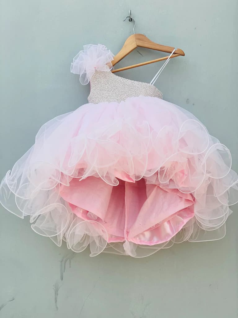 Shoulder Cut Pink And White Ball Dress