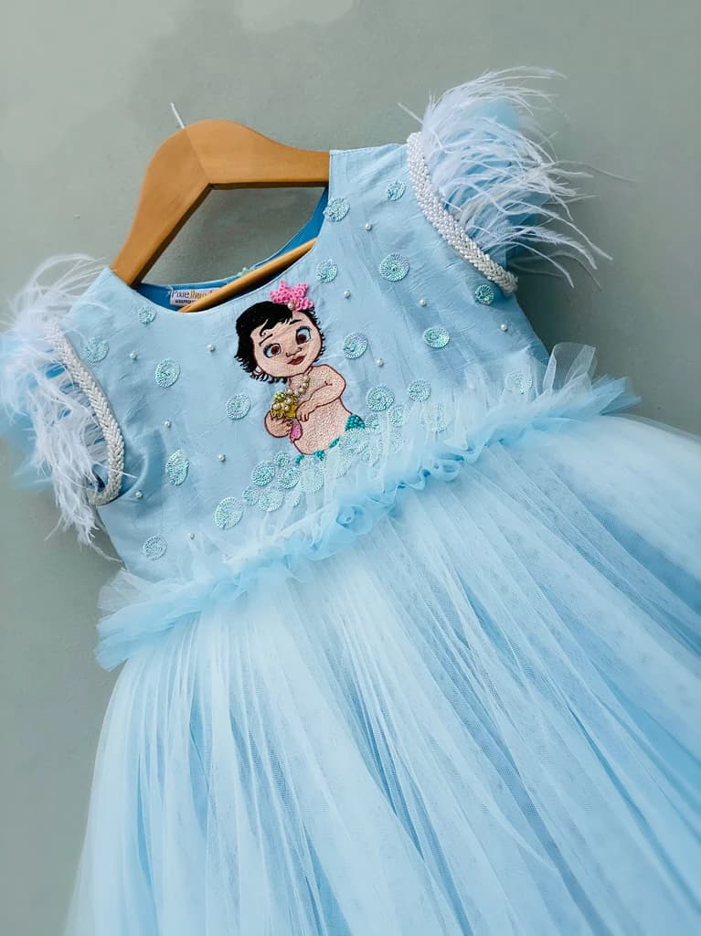 Flared Dress With Feather Sleeves - Blue