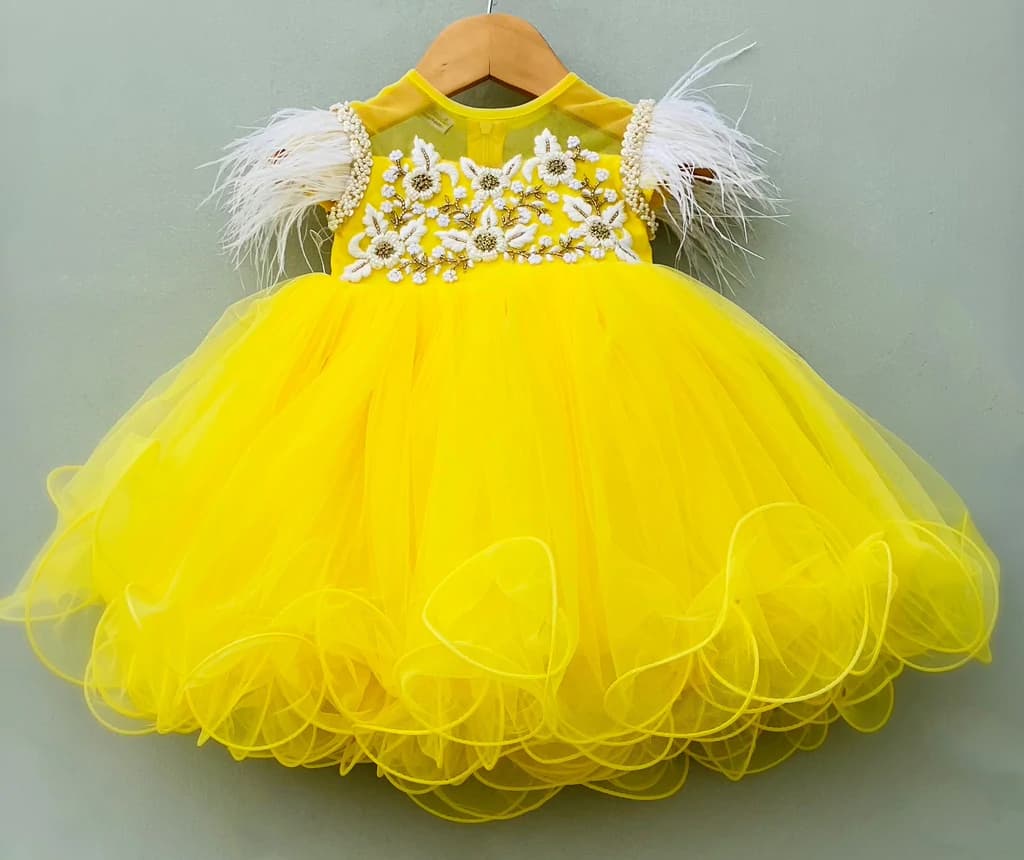 HeavyEmbroidered Flared Frock yellow