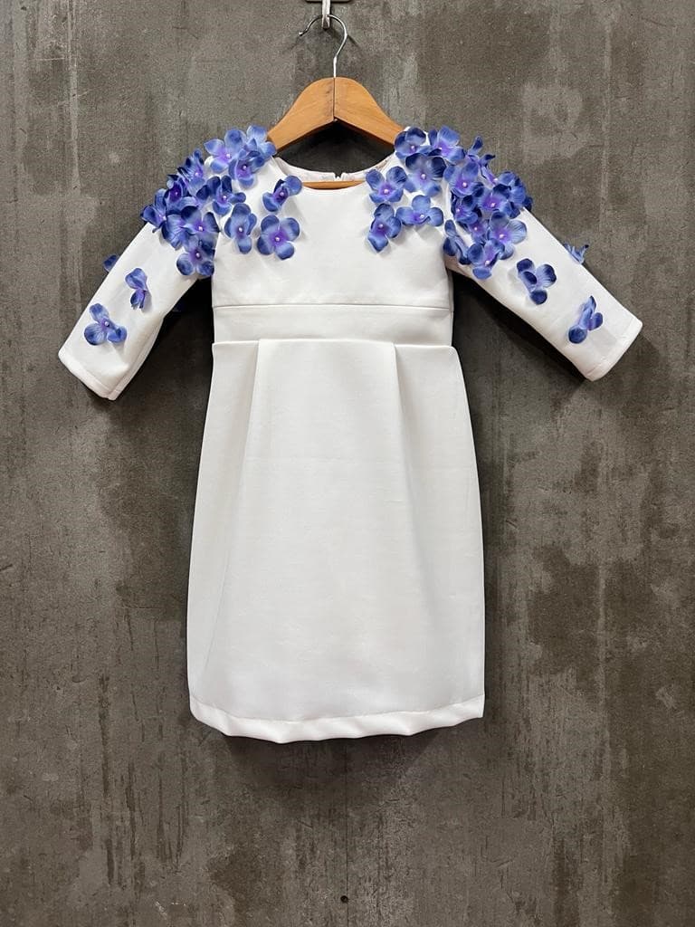 White squba dress with blue flower patch work