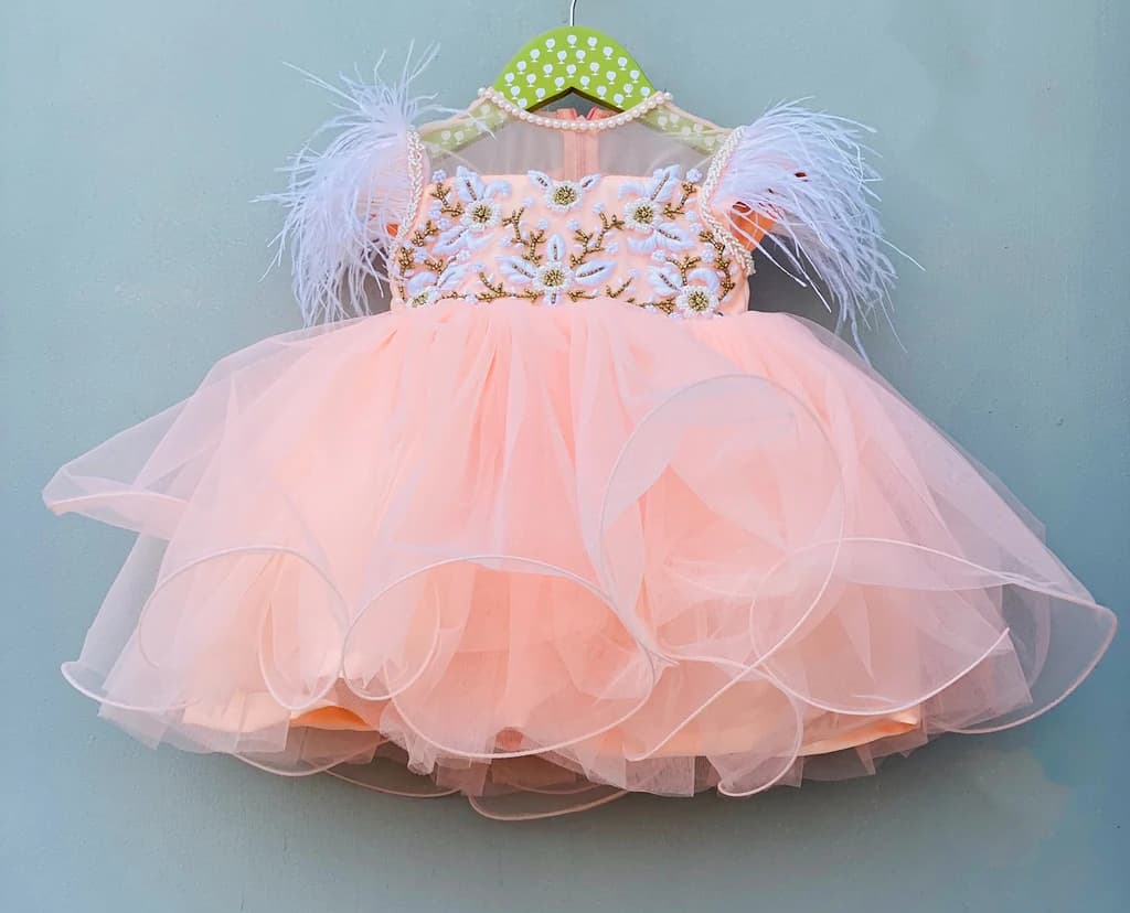 Peach Satin Flared Frock With Feathers | Party Wear Dress for Baby Girls